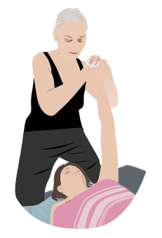 Posture détirement des bras en début de séance de massage